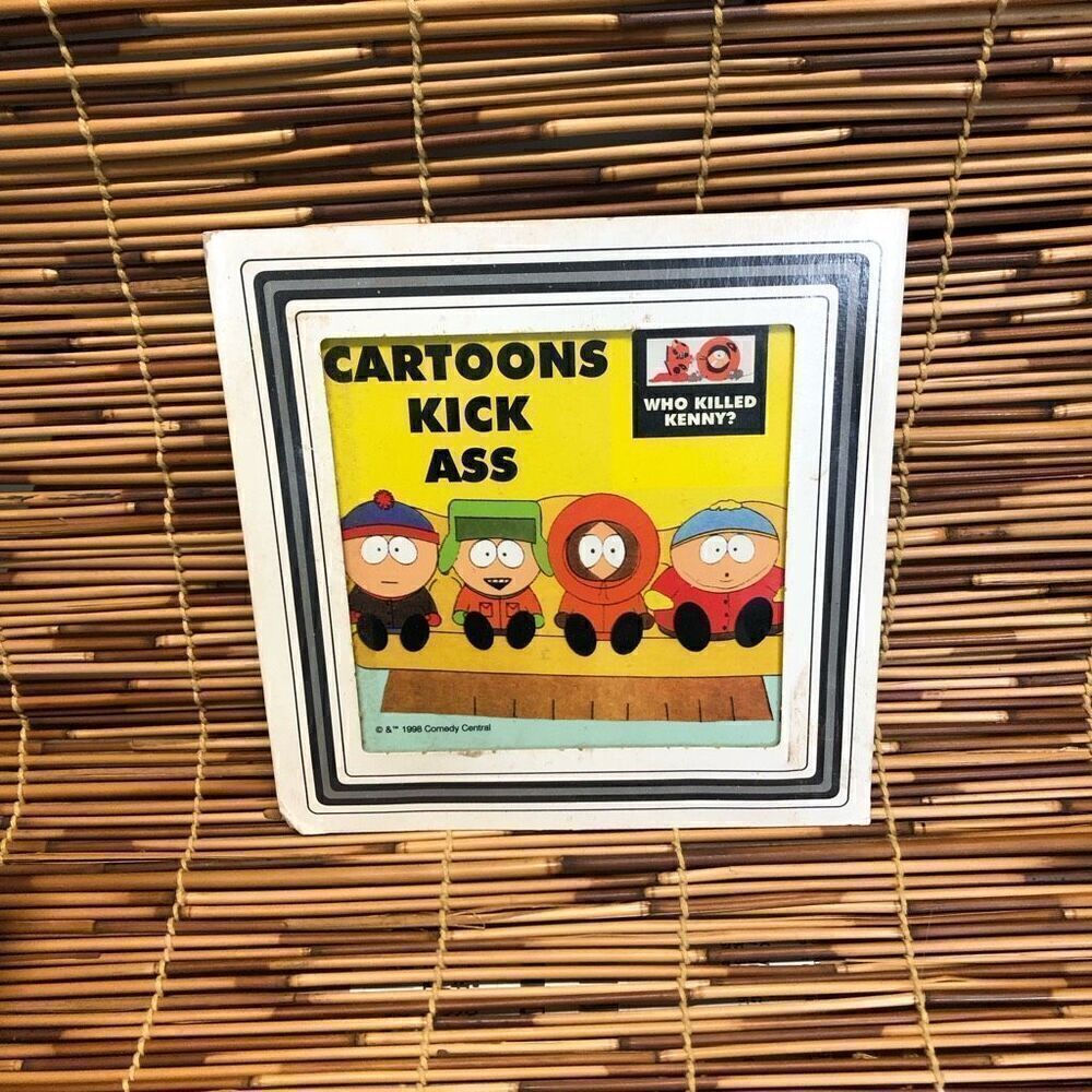 Vintage 1998 South Park "Cartoons Kick Ass" 8x8 Glass Frame Print